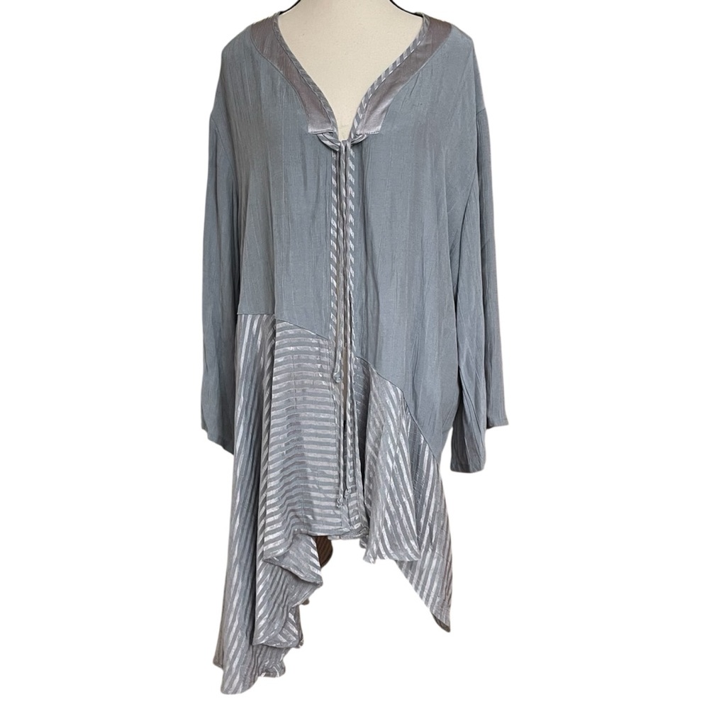 Woman's Slate Blue Grey‎ Silvery Satin Like Stripes Vintage Asymmetrical Tie Top